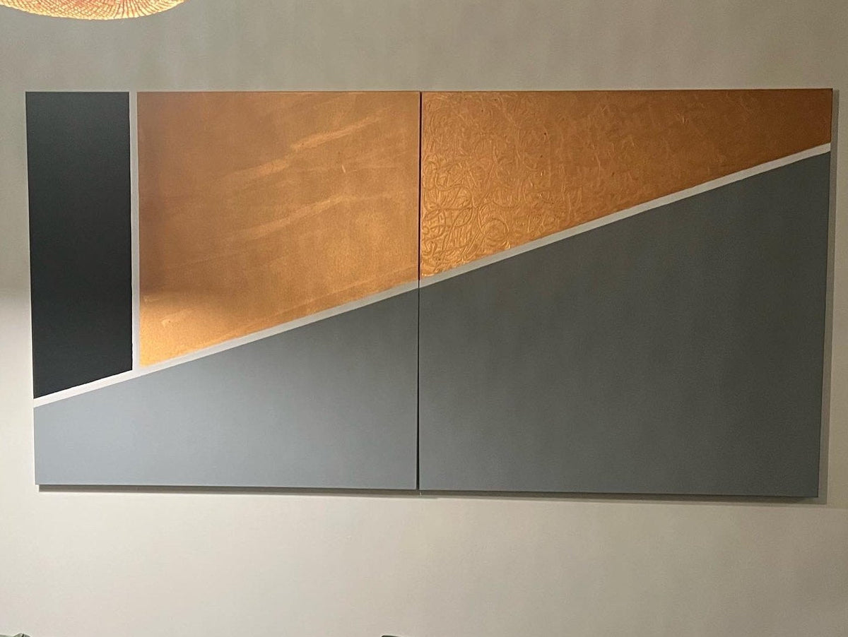 Grey & Gold Diptych, original acrylic painting by Charles Black, catalogue number 022