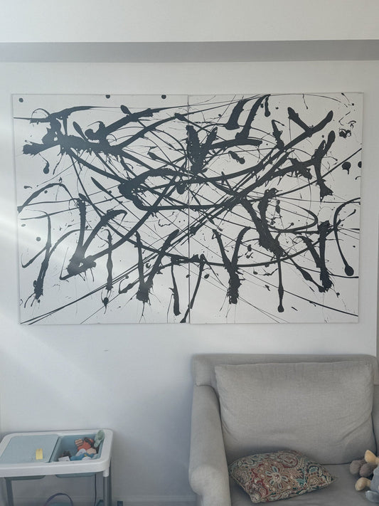 Never Enough by Charles Black, the two panels hung side by side in the studio